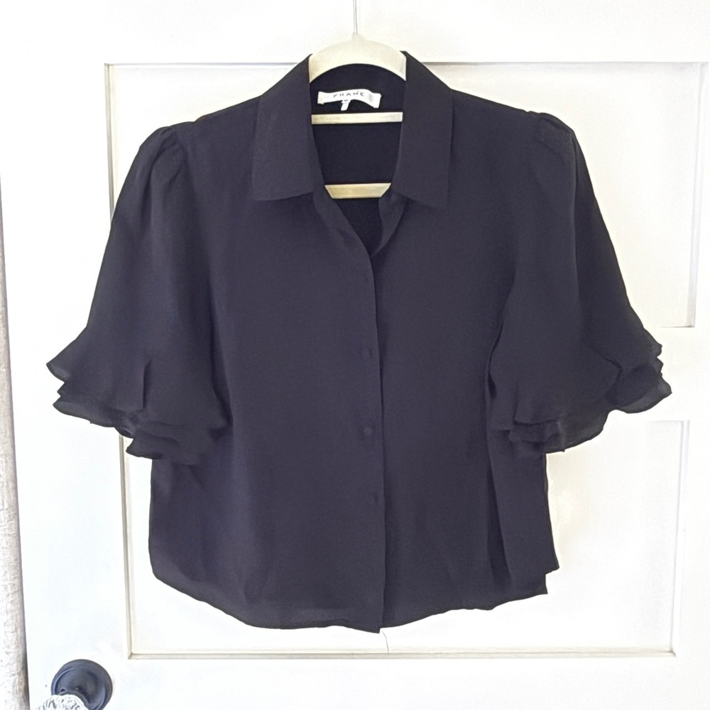 Frame Denim Black Silk Ruffled Blouse